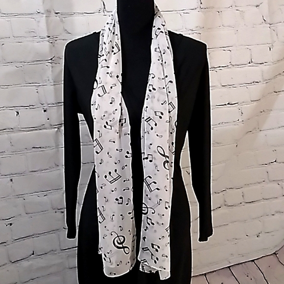Chiffon Black Music Note Print Wrap Scarf White + Scarf Buckle - Picture 5 of 16
